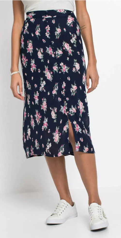 Cvjetna midi suknja s prekrivenim gumbima